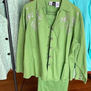 STUDIO WEST 100% Cotton Green Silver Sequence Jacket & Pants